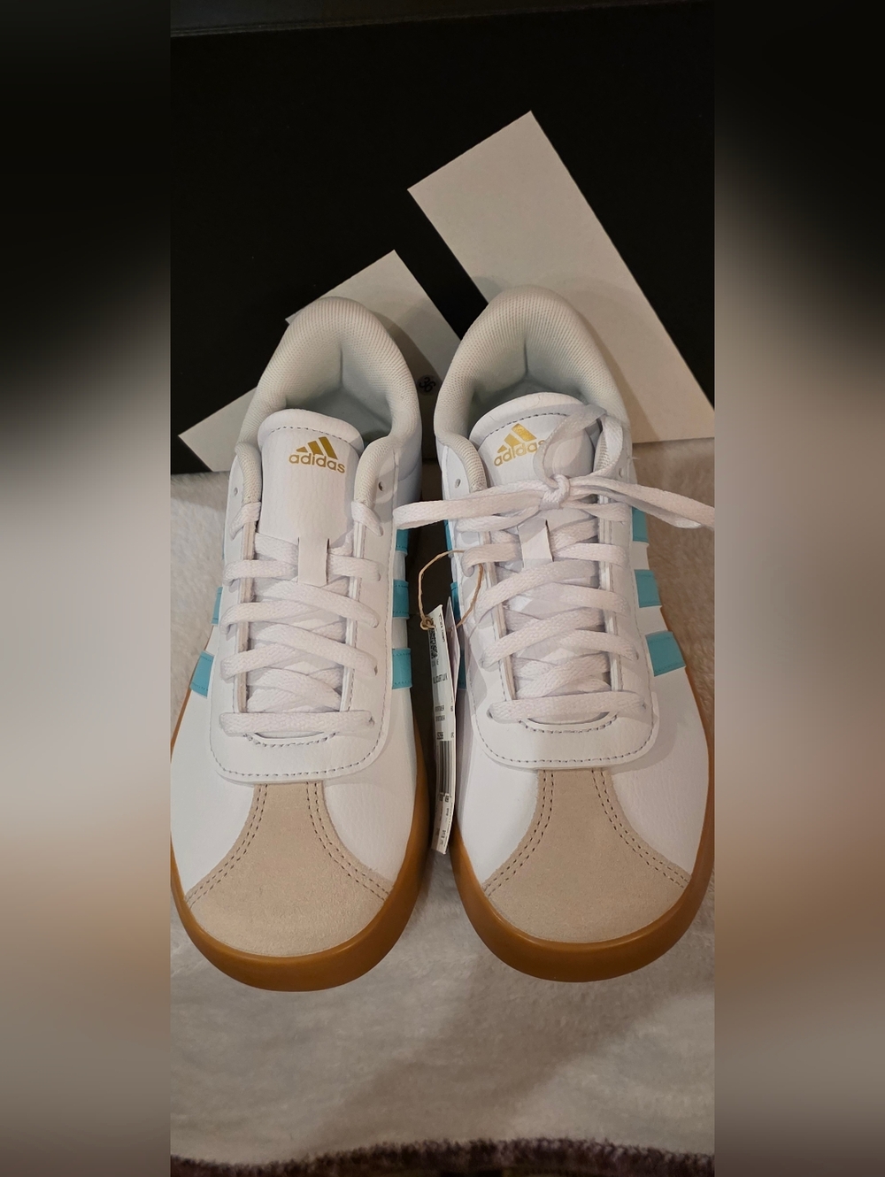 adidas White Sneakers with Aqua Stripes and Gum Sole - Picture 6 of 8